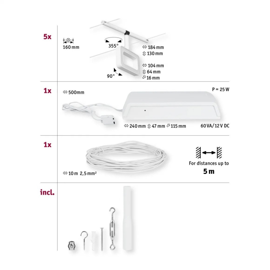 Paulmann 94483 - Komplekts 5x LED/4,8 W, pilna stieples sistēma FRAME 230 V, balta