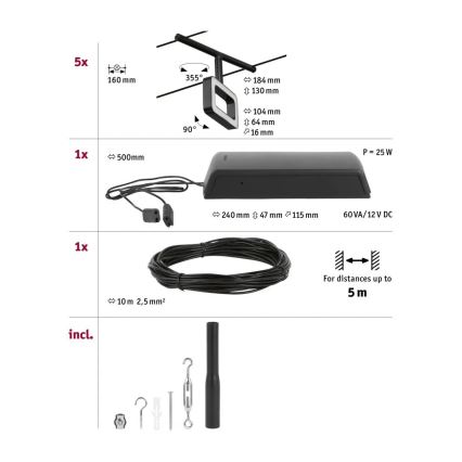 Paulmann 94485 - KOMPLEKTS 5xLED/4,8W Pilnīga kabeļu sistēma FRAME 230V melna