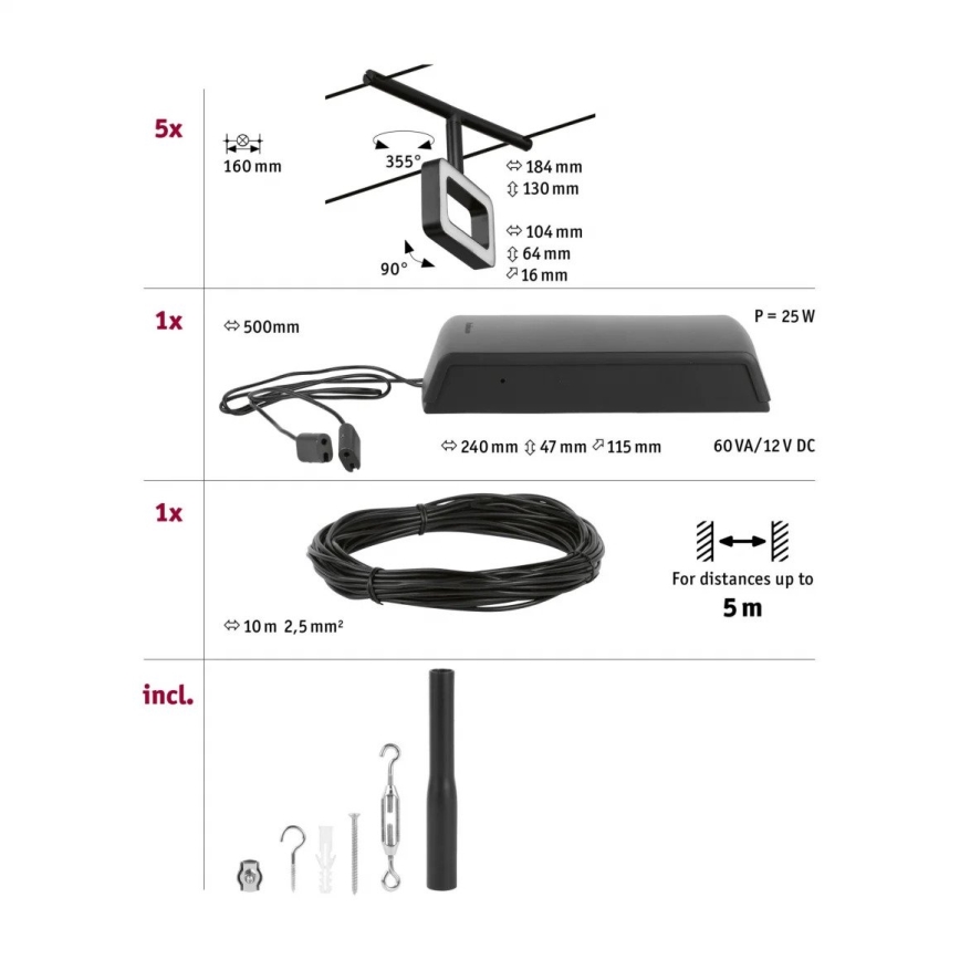 Paulmann 94485 - KOMPLEKTS 5xLED/4,8W Pilnīga kabeļu sistēma FRAME 230V melna