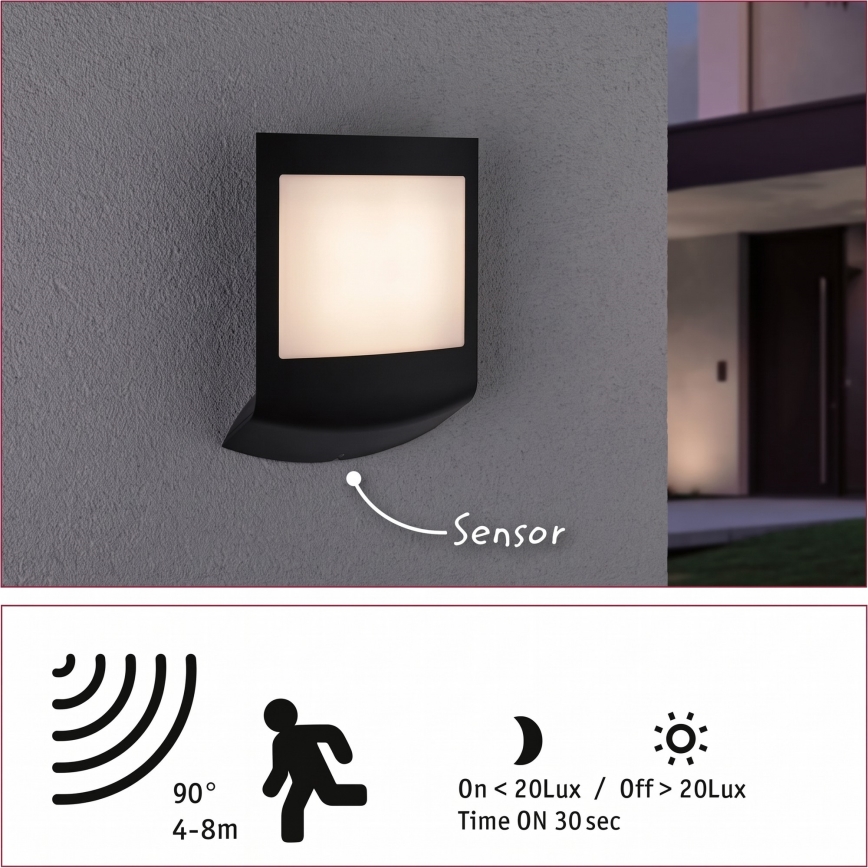Paulmann 94513 - RGBW LED/8,2W IP44 Regulējams āra sienas gaismeklis ar kustības un krēslas sensoru PADEA 230V antracīts