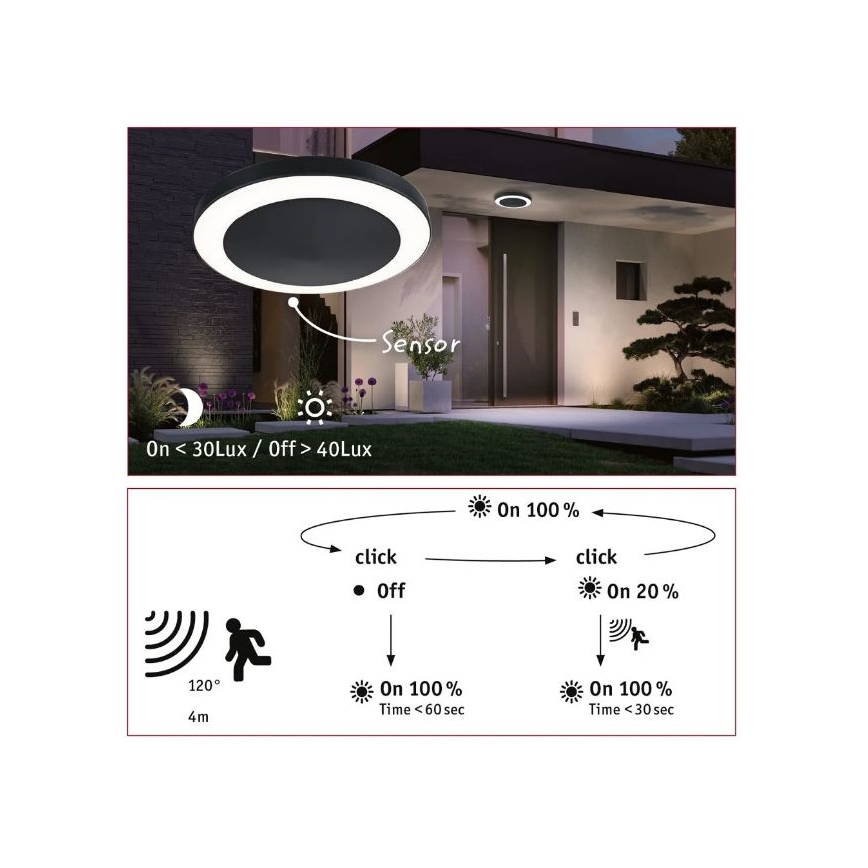 Paulmann 94526 - LED/14W IP44 Āra griestu lampa ar sensoru CIRCULA 230V