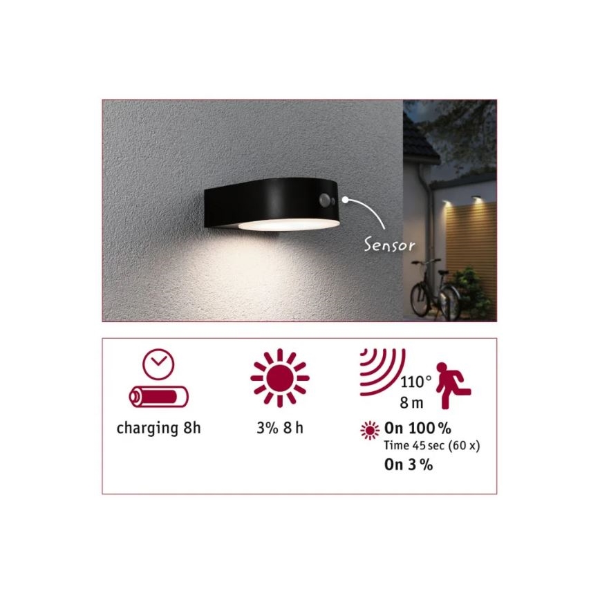 Paulmann 94570 - LED/5,5W IP44 Saules enerģijas sienas lampa ar sensoru EILEEN 3,7V 2000 mAh