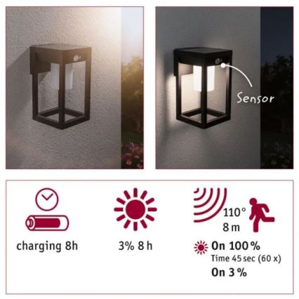 Paulmann 94572 -LED/5,5W IP44 Saules enerģijas sienas lampa ar sensoru MARISOL 3,7V