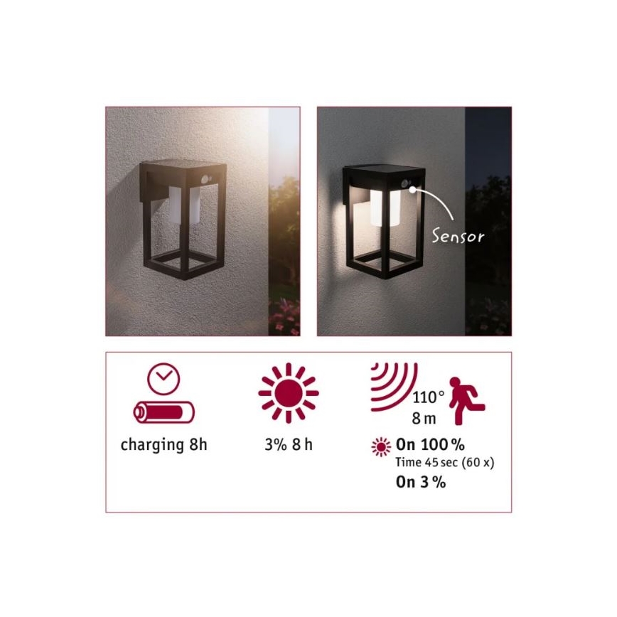 Paulmann 94572 -LED/5,5W IP44 Saules enerģijas sienas lampa ar sensoru MARISOL 3,7V