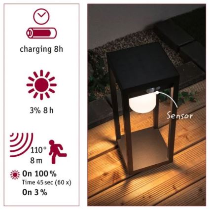 Paulmann 94573 - LED/5,5W IP44 Saules enerģijas lampa ar sensoru MARISOL 3,7V 2000 mAh