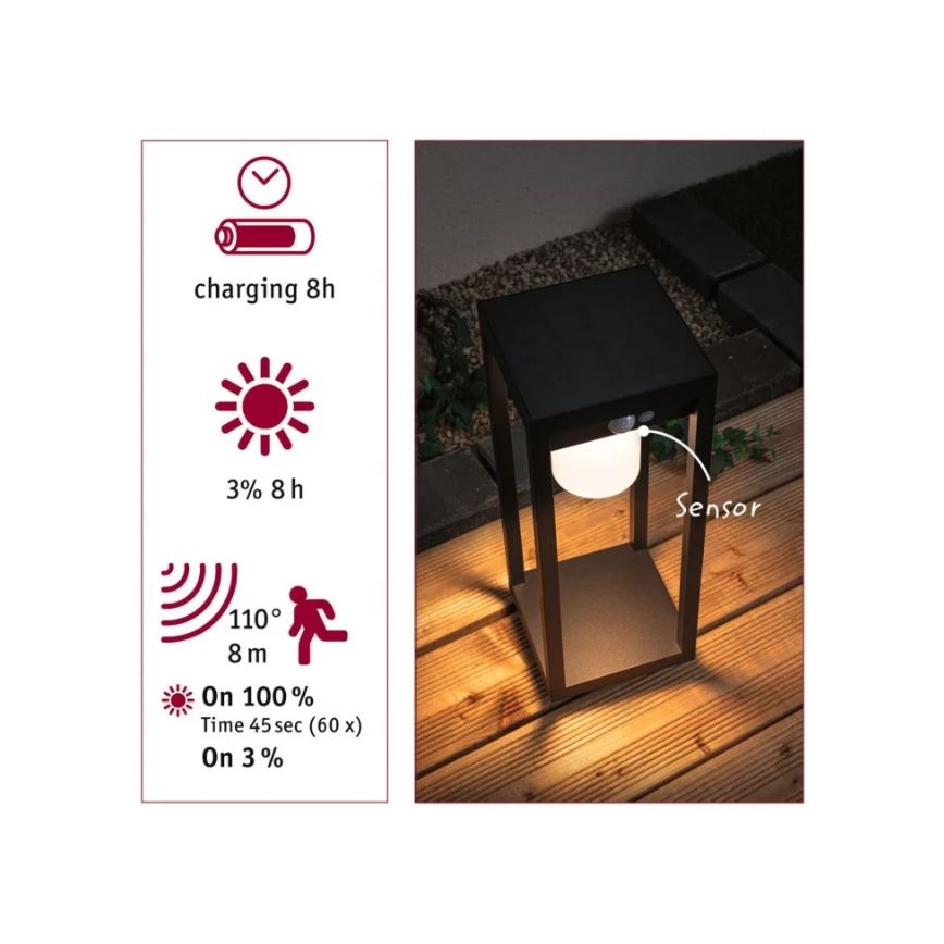 Paulmann 94573 - LED/5,5W IP44 Saules enerģijas lampa ar sensoru MARISOL 3,7V 2000 mAh