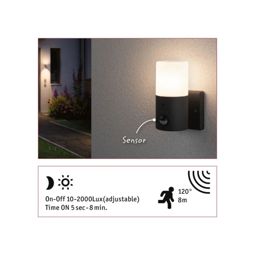 Paulmann 94648 - 1xE27/15W IP44 Āra sienas lampa ar sensoru TUBS 230V