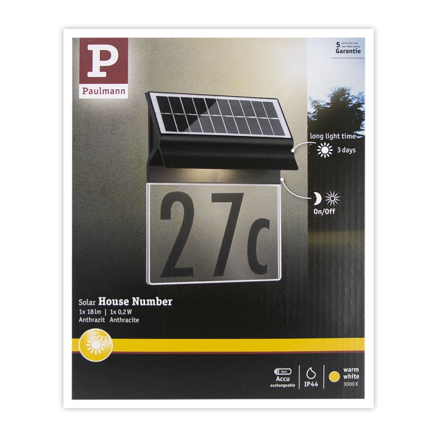 Paulmann 94694 - LED/0,2W IP44 Saules enerģijas mājas numurs NEDA 3,7V 1800 mAh