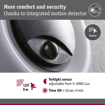 Paulmann 94956 - LED/20,5W IP65 Regulējams āra sienas gaismeklis ar kustības un krēslas sensoru AUREVA 230V 2200/3000/4000K antracīts