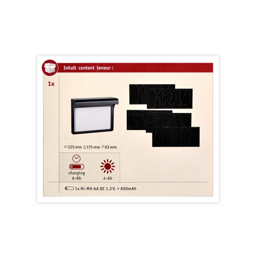 Paulmann 95388 - LED/0,05W IP44 Saules enerģijas mājas numurs ar sensoru DAYTON 4,8V