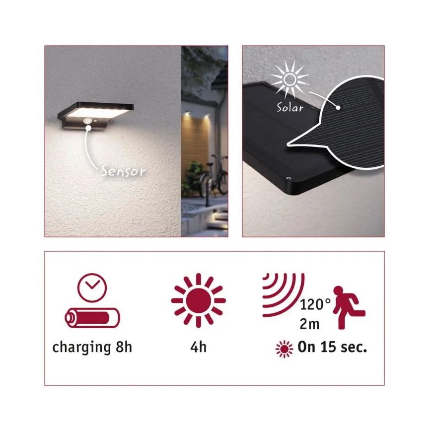Paulmann 95393 - LED/4W IP44 Aptumšojama saules enerģijas sienas lampa ar sensoru SOLVEIG 3,7V