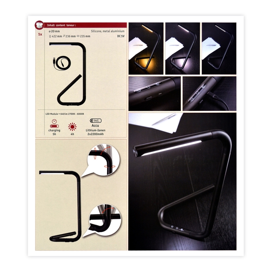 Paulmann 95424- LED/4,5W Aptumšojama skārienjūtīga galda lampa FLEXLINK 5V/USB 4400 mAh melna