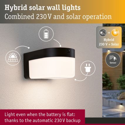 Paulmann 95747 - LED/2,3W IP44 Saules sienas gaismeklis ar sensoru CALYNE 3,7/230V 4000 mAh melns