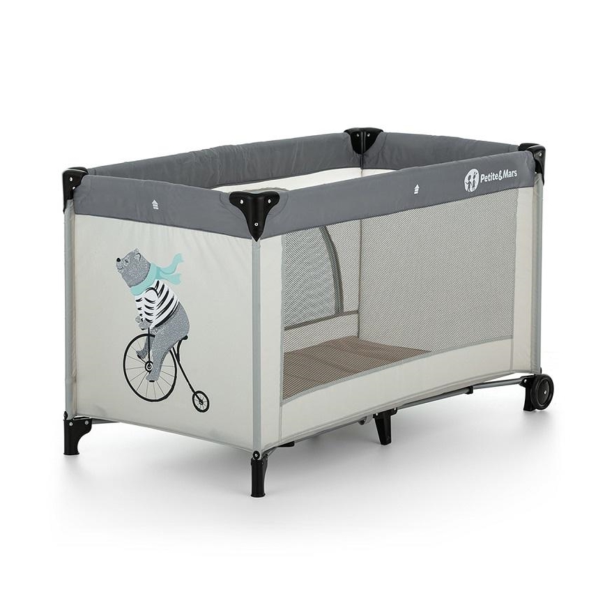 PETITE&MARS - Ceļojumu gultiņa NYJA TEDDY BIKER pelēka/bēša