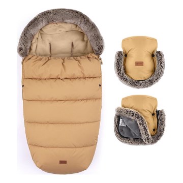 PETITE&MARS - KOMPLEKTS Bērnu guļammaiss 4in1 COMFY + roku sildītāji ratiņiem FURRY Elegant Caramel
