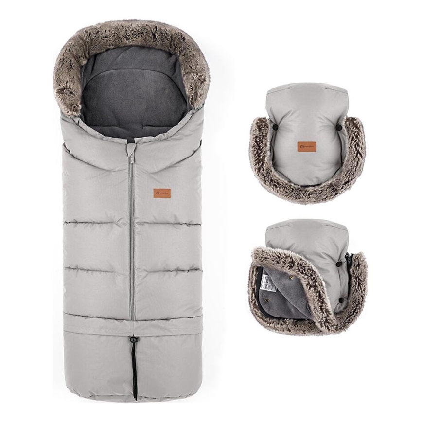 PETITE&MARS-KOMPLEKTS Bērnu ratu maiss 4in1 ARCTIC + stroller roka muffs FURRY Champagne Shower