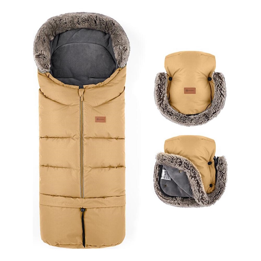 PETITE&MARS - KOMPLEKTS Bērnu ratu maiss 4in1 ARCTIC + stroller roka muffs FURRY Elegant Caramel