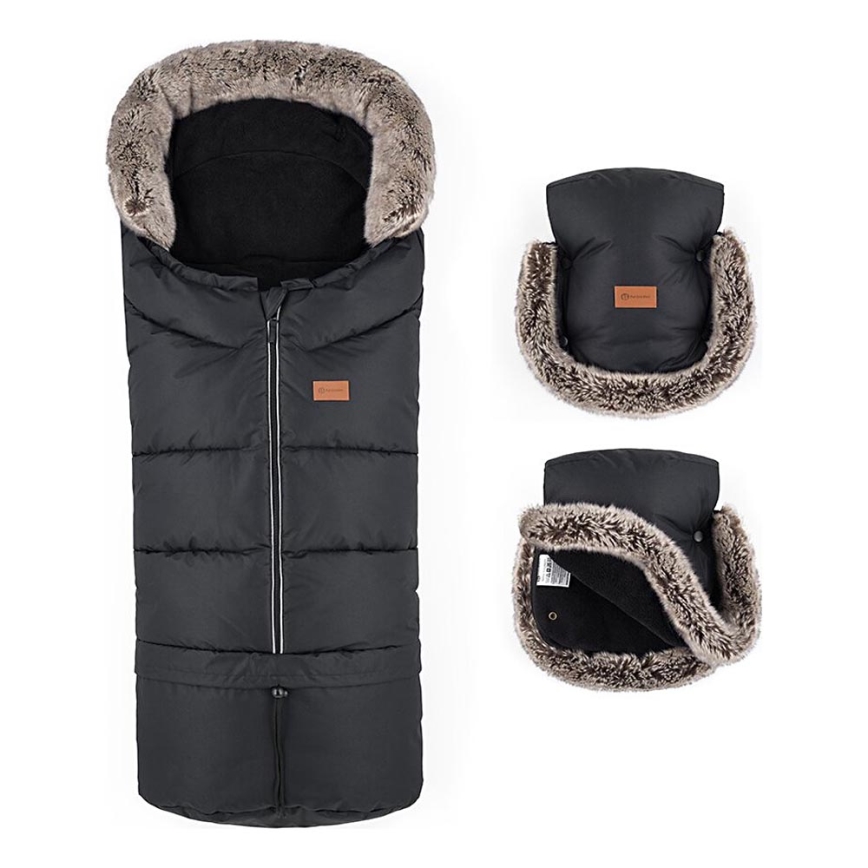 PETITE&MARS - KOMPLEKTS Bērnu ratu maiss 4in1 ARCTIC + stroller roka muffs FURRY Forever Black