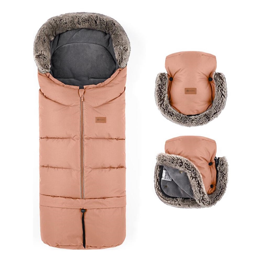 PETITE&MARS - KOMPLEKTS Bērnu ratu maiss 4in1 ARCTIC + stroller roka muffs FURRY Pastel Peach
