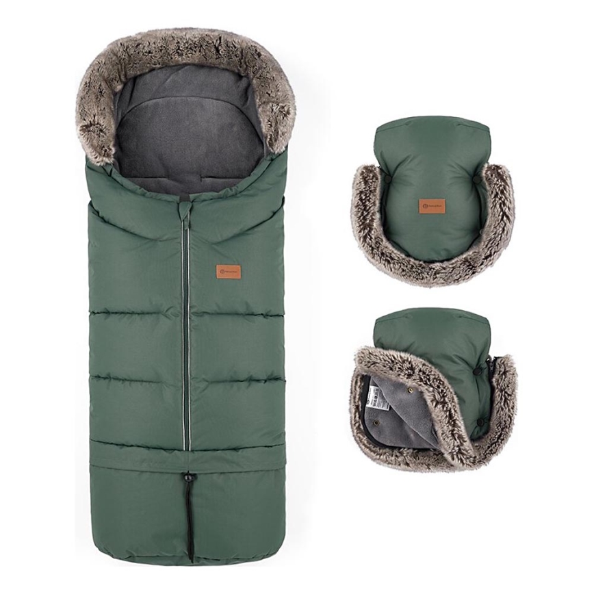 PETITE&MARS - KOMPLEKTS Bērnu ratu maiss 4in1 ARCTIC + stroller roka muffs FURRY Veritable Khaki