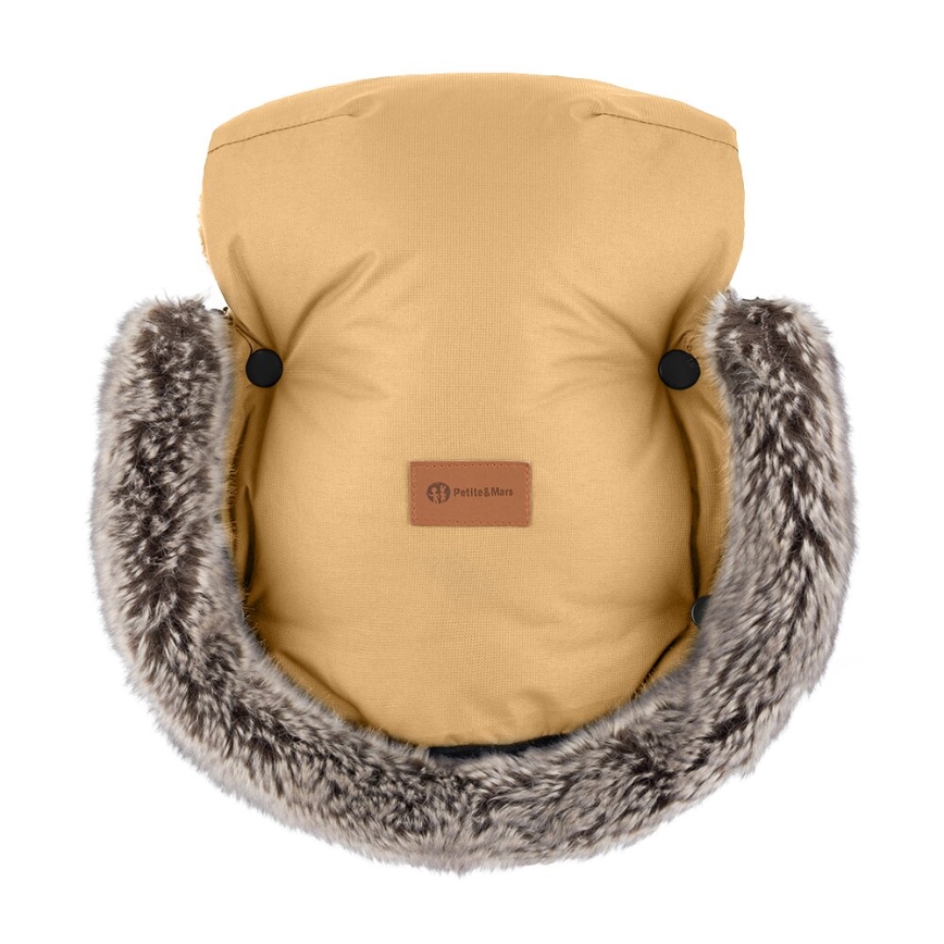 PETITE&MARS - KOMPLEKTS Bērnu ratu maiss 4in1 COMFY + stroller roka muffs FURRY Elegant Caramel