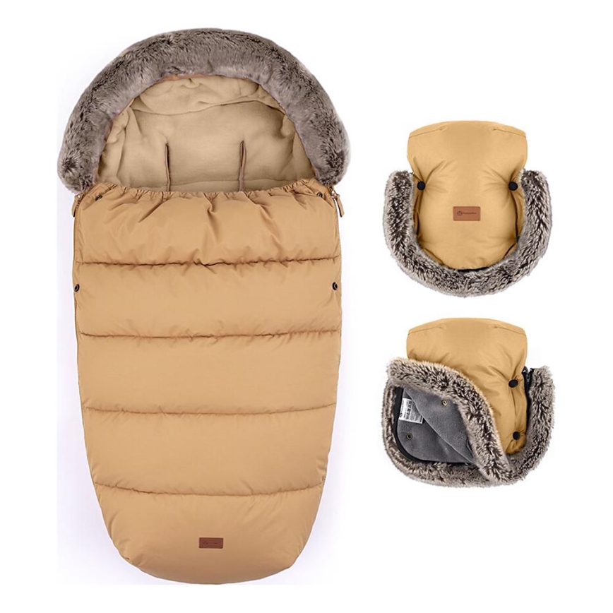 PETITE&MARS - KOMPLEKTS Bērnu ratu maiss 4in1 COMFY + stroller roka muffs FURRY Elegant Caramel