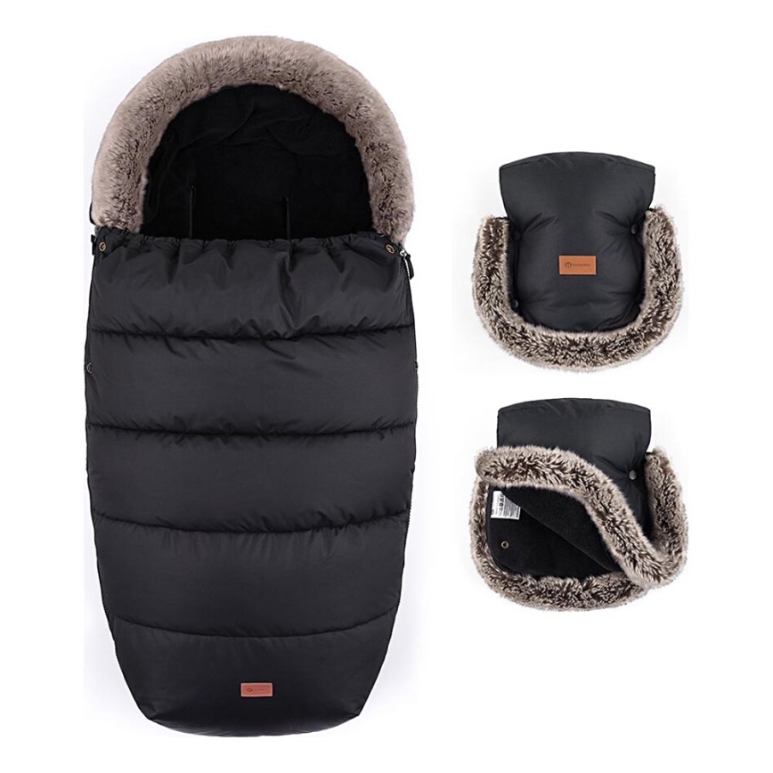 PETITE&MARS - KOMPLEKTS Bērnu ratu maiss 4in1 COMFY + stroller roka muffs FURRY Forever Black