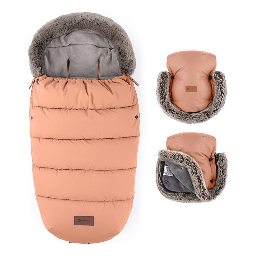 PETITE&MARS - KOMPLEKTS Bērnu ratu maiss 4in1 COMFY + stroller roka muffs FURRY Pastel Peach