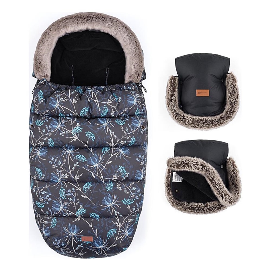 PETITE&MARS - KOMPLEKTS Bērnu ratu maiss 4in1 COMFY Stylish Beauty + stroller roka muffs FURRY Forever Black
