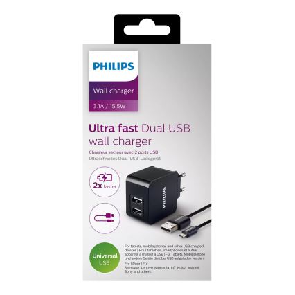 Philips DLP2307U/12 - Lādēšanas adapteris 2xUSB/15,5W/230V + vads micro USB 1m