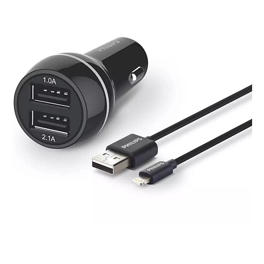 Philips DLP2357V/10 -Automašīnas lādētājs 2xUSB/12V + vads USB/Lightning savienotājs