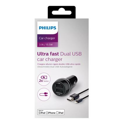 Philips DLP2357V/10 -Automašīnas lādētājs 2xUSB/12V + vads USB/Lightning savienotājs