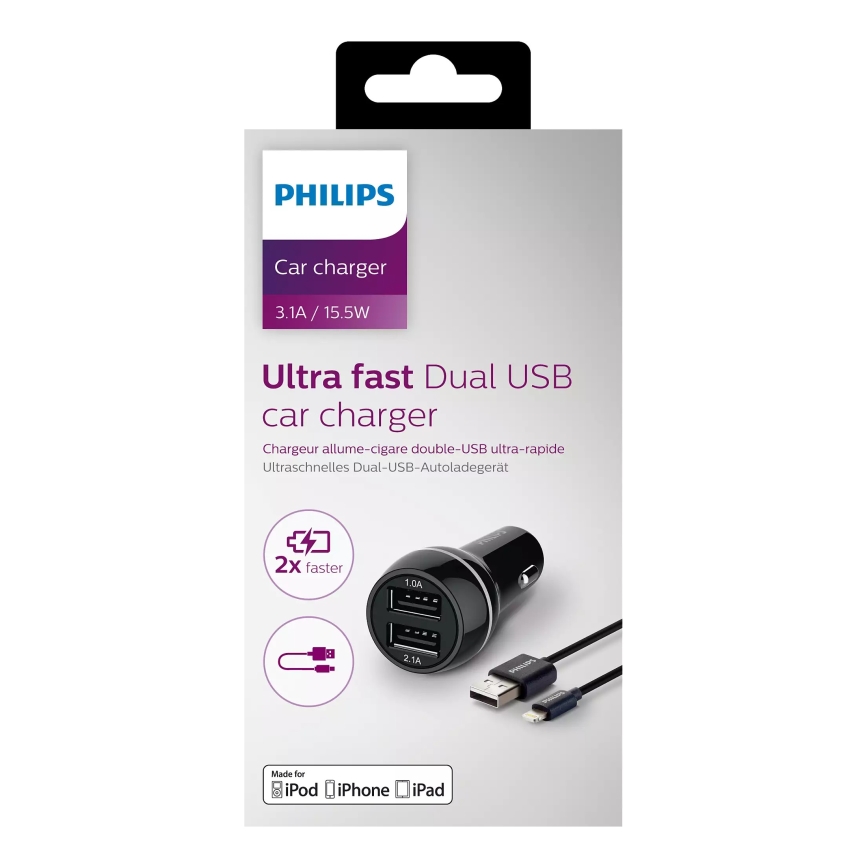 Philips DLP2357V/10 -Automašīnas lādētājs 2xUSB/12V + vads USB/Lightning savienotājs