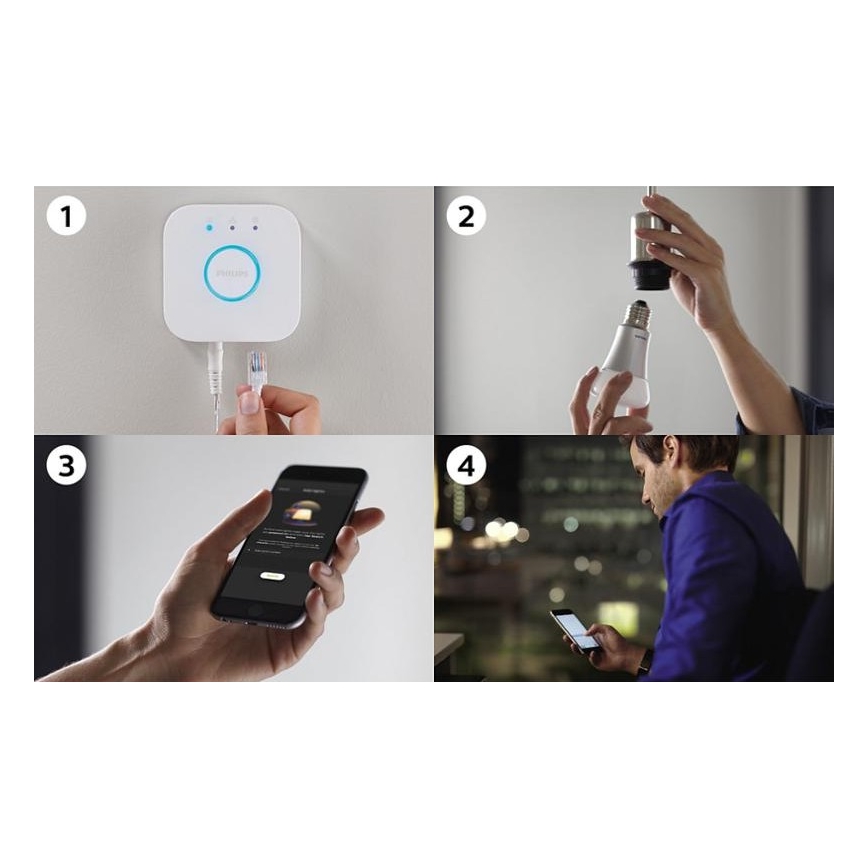 Philips Hue STARTER KIT WHITE — pamata komplekts ar 3 E27 spuldzēm (9W, 2700K) + Hue Bridge un dimmer slēdzis
