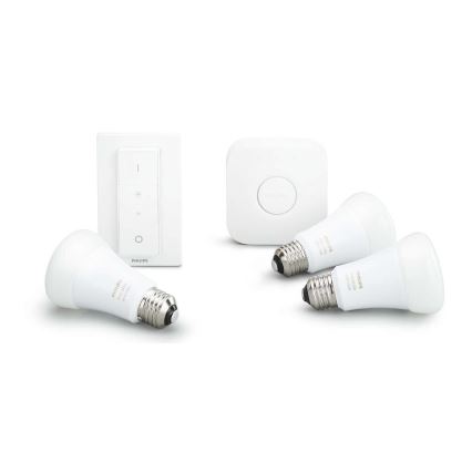 Philips Hue STARTER KIT WHITE — pamata komplekts ar 3 E27 spuldzēm (9W, 2700K) + Hue Bridge un dimmer slēdzis