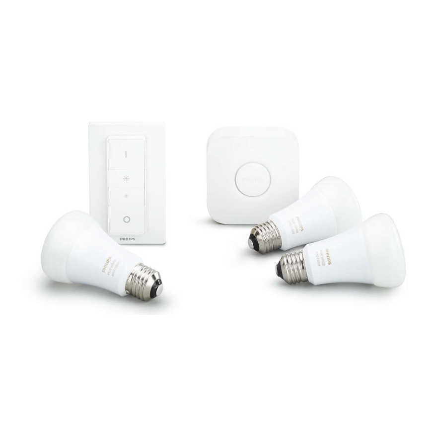Philips Hue STARTER KIT WHITE — pamata komplekts ar 3 E27 spuldzēm (9W, 2700K) + Hue Bridge un dimmer slēdzis