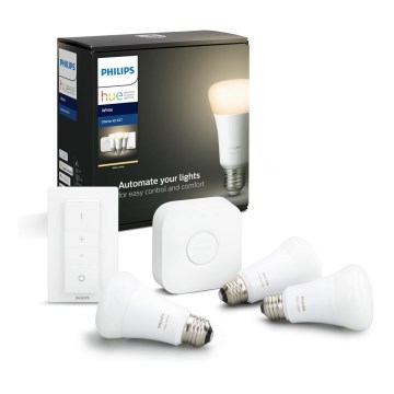 Philips Hue STARTER KIT WHITE — pamata komplekts ar 3 E27 spuldzēm (9W, 2700K) + Hue Bridge un dimmer slēdzis