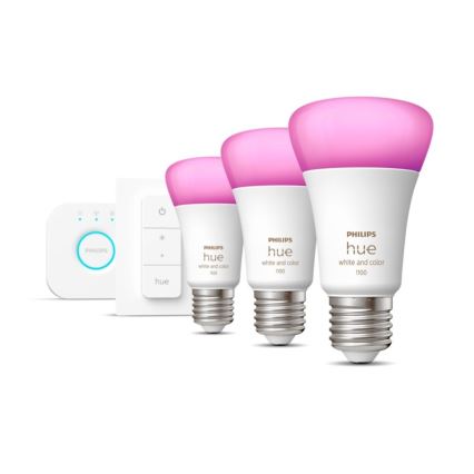 Sākuma komplekts Philips Hue WHITE AND COLOR AMBIANCE 3xE27/9W 2000-6500K + Hue Bridge un dimmer slēdzis