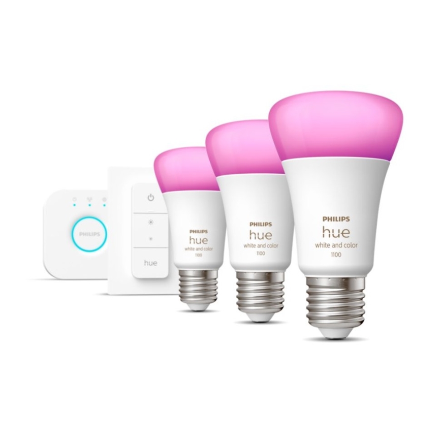 Sākuma komplekts Philips Hue WHITE AND COLOR AMBIANCE 3xE27/9W 2000-6500K + Hue Bridge un dimmer slēdzis