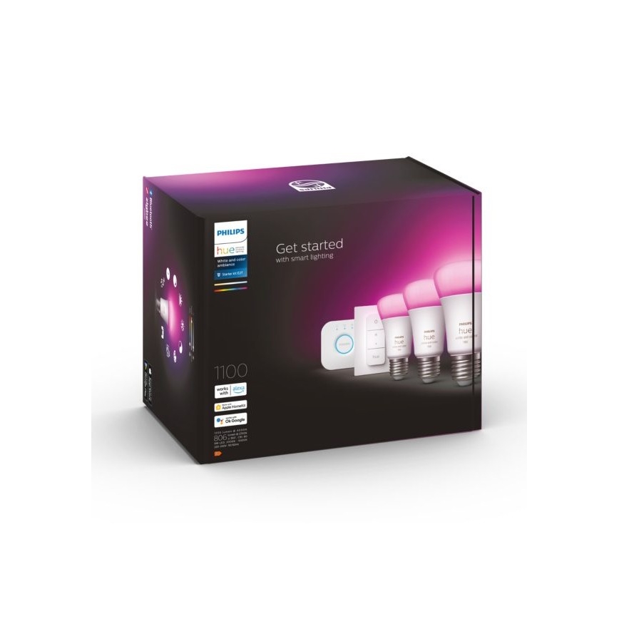 Sākuma komplekts Philips Hue WHITE AND COLOR AMBIANCE 3xE27/9W 2000-6500K + Hue Bridge un dimmer slēdzis
