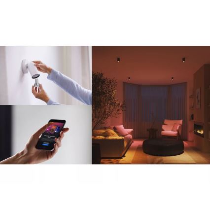 Bāzes komplekts Philips Hue WHITE AND COLOR AMBIANCE — 3x GU10 (4,2 W), 2000–6500 K; komplektā Hue Bridge un dimmeris