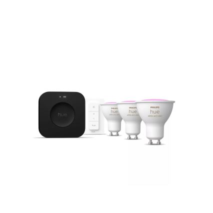 Bāzes komplekts Philips Hue WHITE AND COLOR AMBIANCE — 3x GU10 (4,2 W), 2000–6500 K; komplektā Hue Bridge un dimmeris