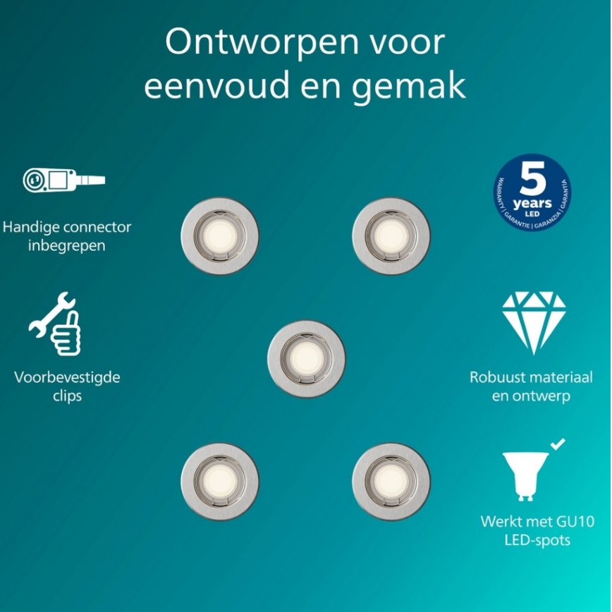 Philips – komplekts 5x iebūvējamie gaismekļi PERIDOT 1xGU10/7W/230V, sudraba