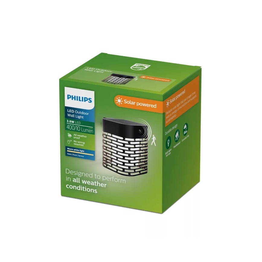 Philips - LED saules sienas gaismeklis HARA ar sensoru LED/3,8W/3,7V 800 mAh 2700K IP44 melns