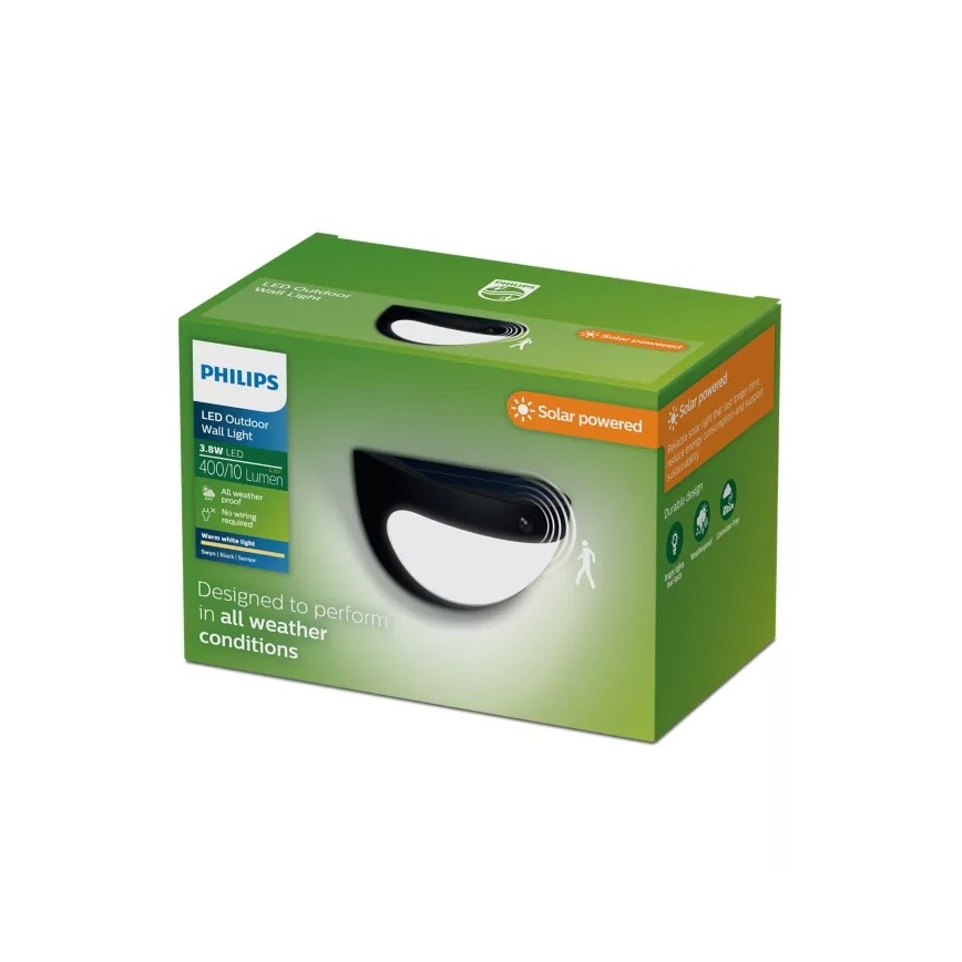Philips - LED saules sienas gaismeklis ar sensoru SWYN LED/3,8W/3,7V 800 mAh 2700K IP44 melns
