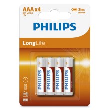 Philips R03L4B/10 - 4 gab  Cinka hlorīda baterija AAA LONGLIFE 1,5V 450mAh