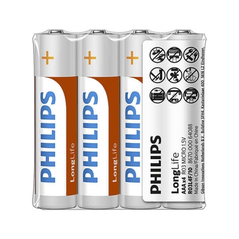 Philips R03L4F/10 - 4 gab  Cinka hlorīda baterija AAA LONGLIFE 1,5V 450mAh