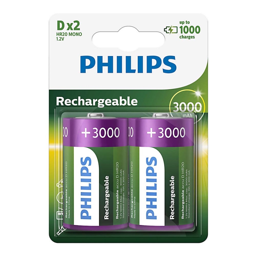 Philips R20B2A300/10 - 2 gab Uzlādējama baterija D MULTILIFE NiMH/1,2V/3000 mAh