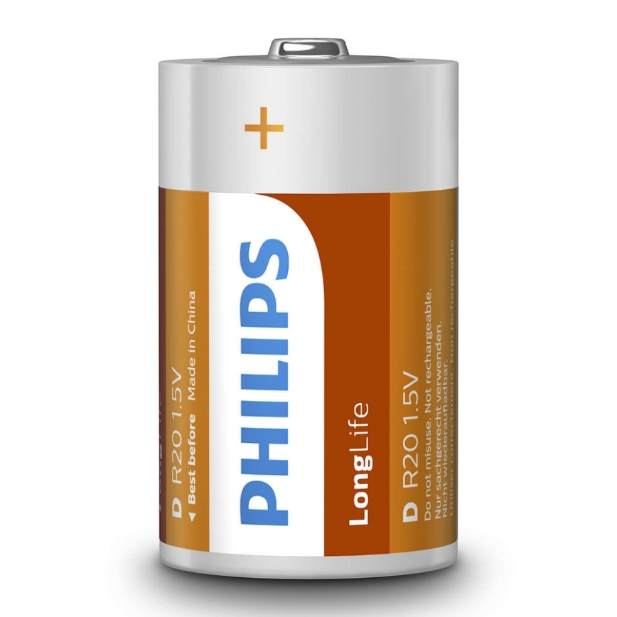 Philips R20L2B/10 - 2 gab  Cinka hlorīda baterija D LONGLIFE 1,5V 5000mAh