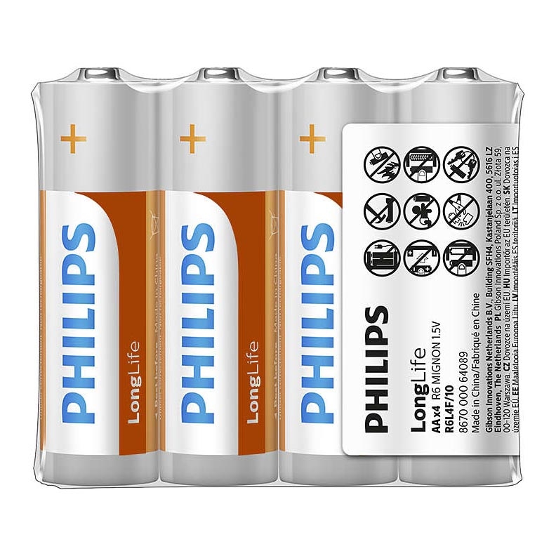 Philips R6L4F/10 - 4 gab  Cinka hlorīda baterija AA LONGLIFE 1,5V 900mAh